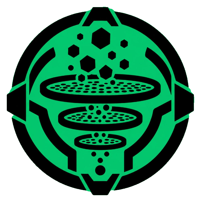 Quarry emblem: a ringed machine with three stacked sieves sorting angular stone